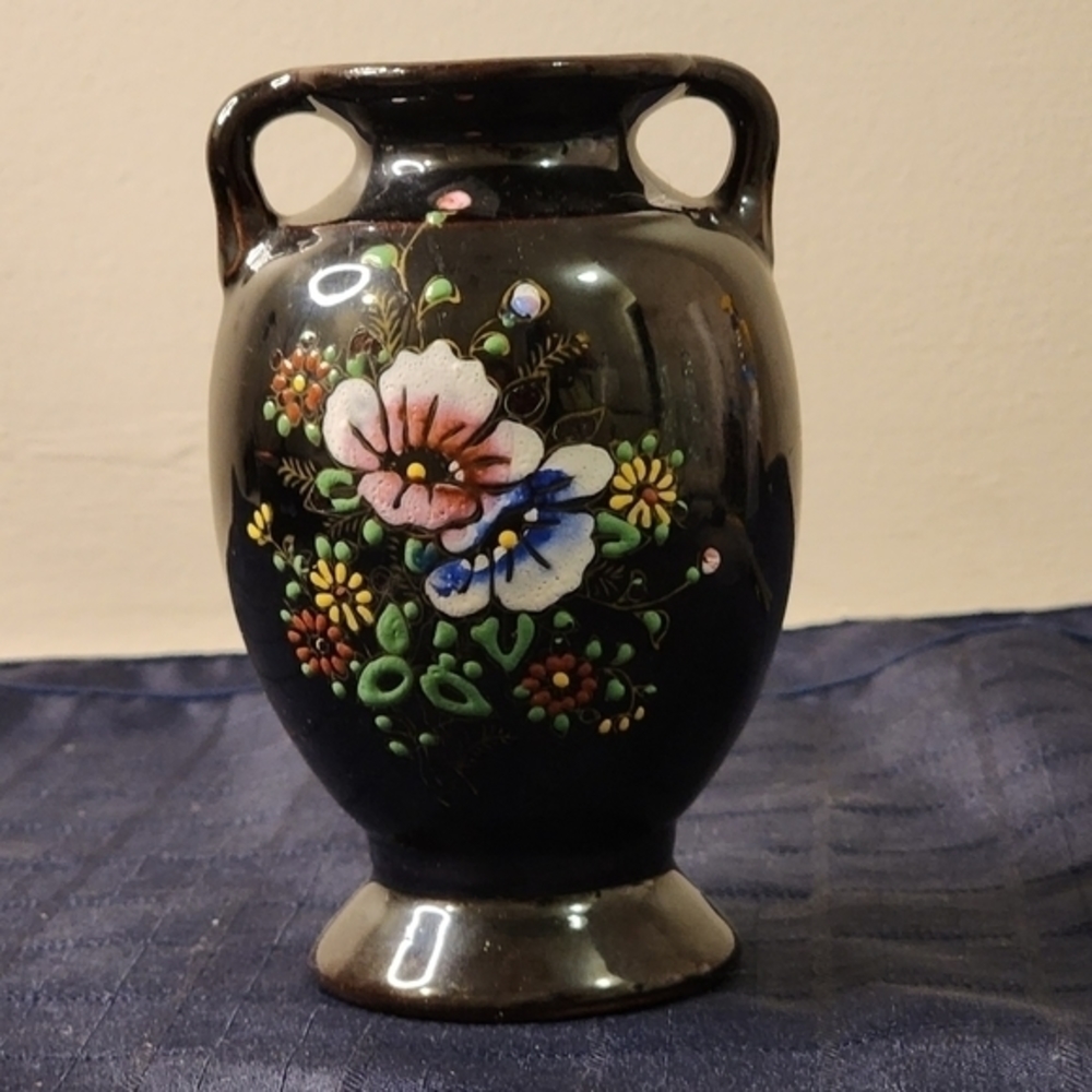 Vintage Made in‎ Japan Redware Two Handled Vase Hand Painted Flowers